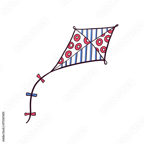 Hand drawn doodle, sketch style diamond kite decorated with patterns, flying in the sky, vector illustration isolated on white background. Sketch, doodle diamond shaped kite, hand drawn illustration