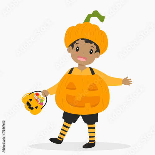 a boy wearing pumpkin costume and pumpkin hat for Halloween party, carrying a pumpkin bucket full of candies. Halloween cartoon vector