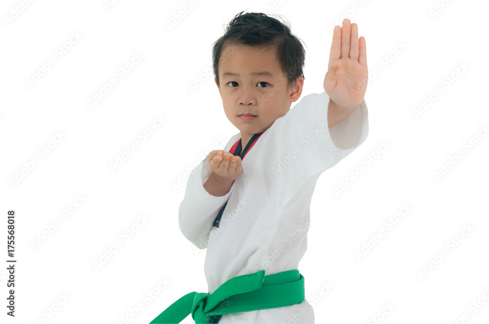 Asian boy wearing white Taekwondo suit acting ready to battle, Isolated on white background. Asian boy wearing white Taekwondo suit acting ready to battle, Isolated on white background.