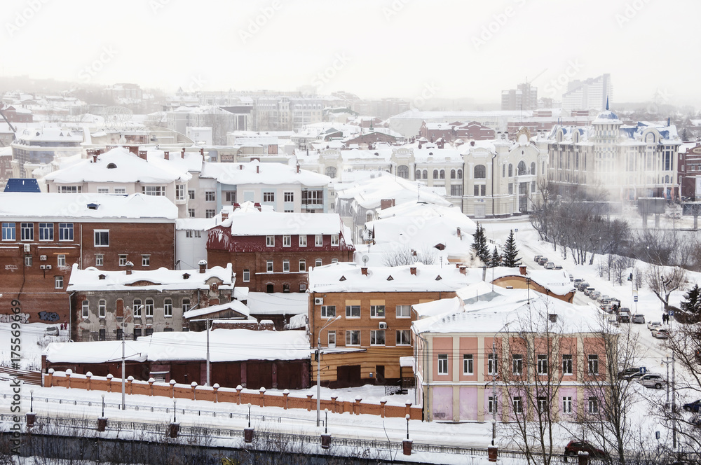Aerial view of the old city Tomsk, Russia in winter