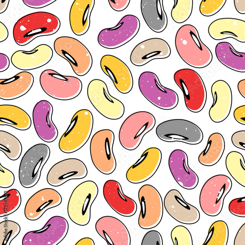 Vector seamless pattern of colored beans with a black shifted stroke on a white background.