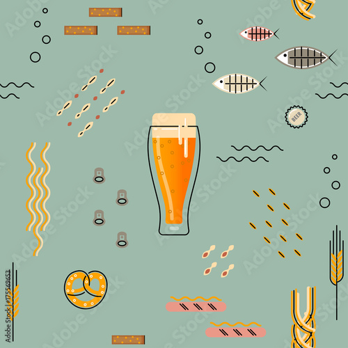 Vector seamless pattern for beer festival. Flat line mug of beer and many kinds of snacks.