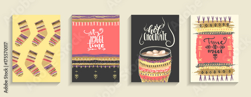 Vector set of hand-drawn illustrations of Hygge (danish) lifestyle with cozy plaids, hot chocolate and marshmallows, knitted woolen socks. A4 size.