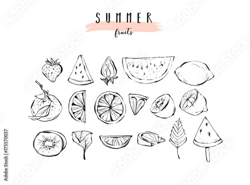 Hand drawn vector graphic summer fruits icons illustration collection set with strawberry,watermelon,orange,kiwi,lemon and mint leaves isolated on white background.Cook book,logo,organic farmers menu