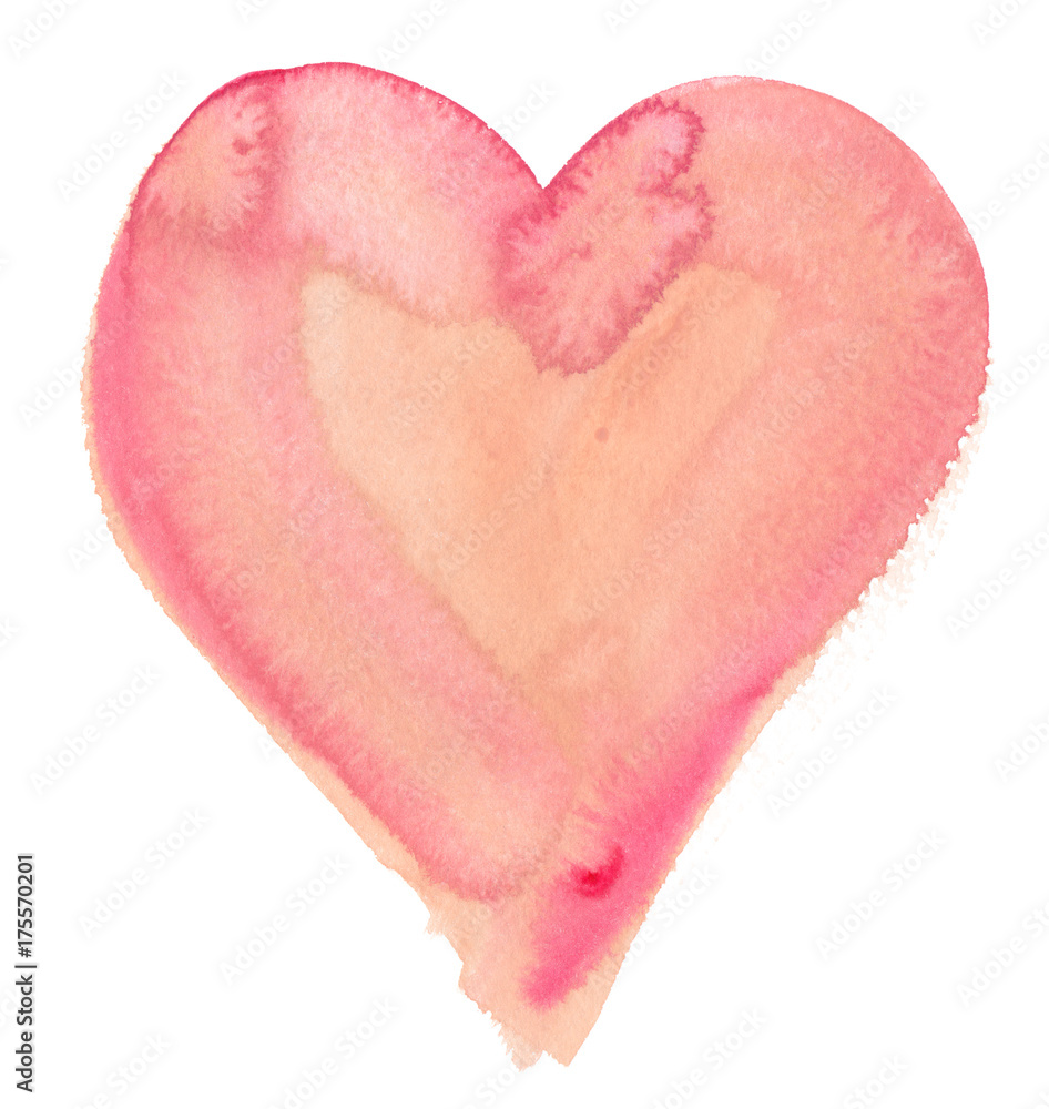 Single big pastel pink heart painted in watercolor on clean white background
