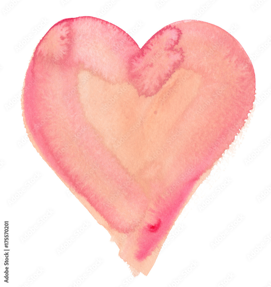 Single big pastel pink heart painted in watercolor on clean white background Single big pastel pink heart painted in watercolor on clean white background