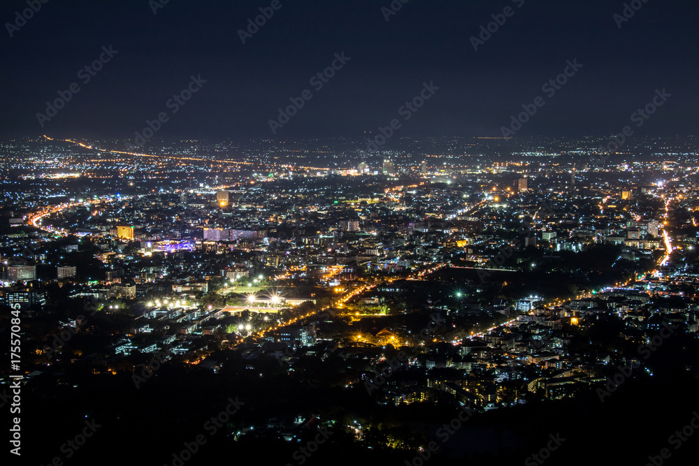 Panorama of the city from the viewpoint, Doi Suthep Chiangmai night view, Chiang Mai, Thailand