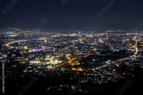 Panorama of the city from the viewpoint, Doi Suthep Chiangmai night view, Chiang Mai, Thailand