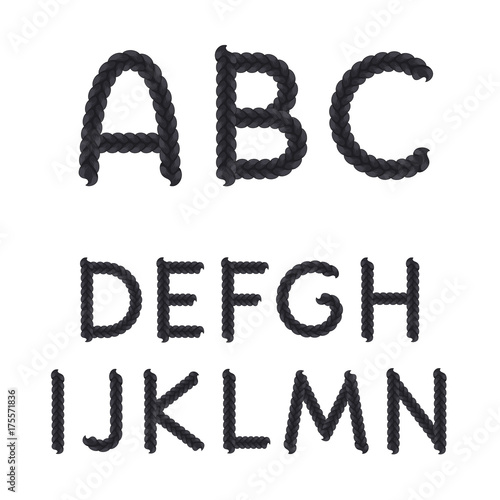 Alphabet from braids, letters from A to N. Isolated vector objects on white background.
