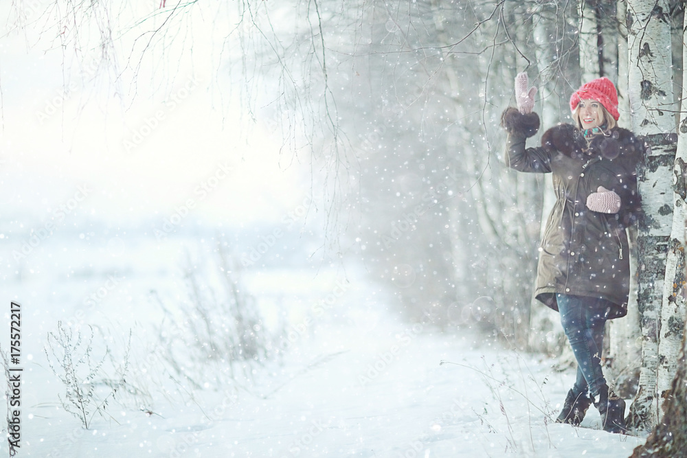 smiling young woman winter cold day nature smiling young woman winter cold day nature