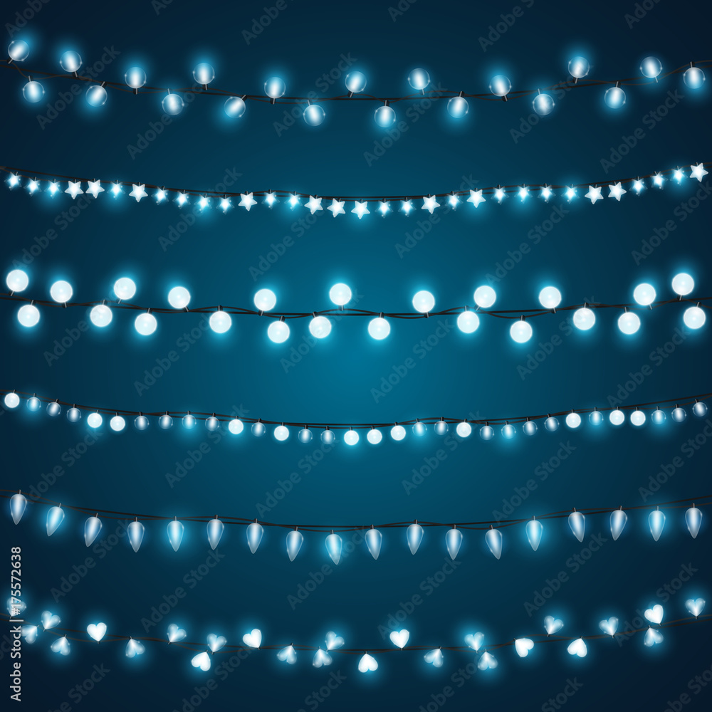 Realistic cold blue Christmas lights vector set. Festive decorative blue light bulbs chains design element collection with transparent shine for Xmas or Halloween design.