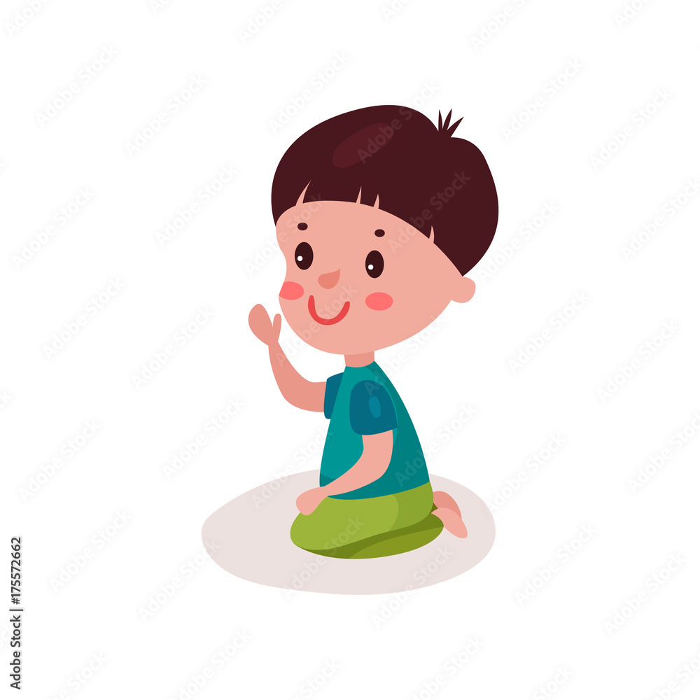 Cute dark haired little boy sitting on the floor, kid learning and playing colorful cartoon vector Illustration Cute dark haired little boy sitting on the floor, kid learning and playing colorful cartoon vector Illustration