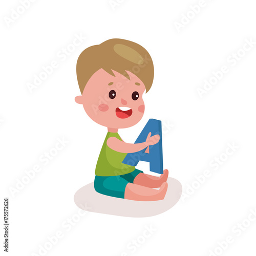Cute little boy sitting on the floor playing with letter A  kid learning through fun and play colorful cartoon vector Illustration