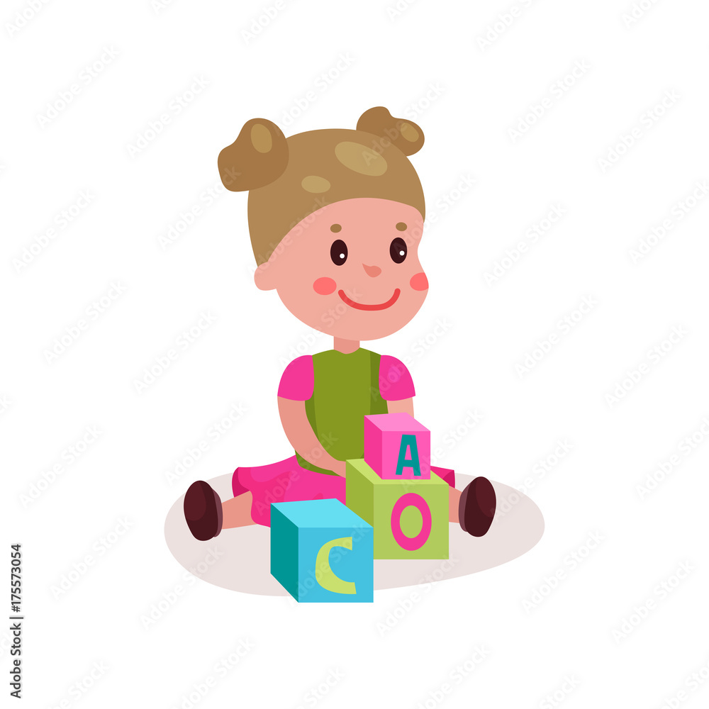 Cute little girl sitting on the floor playing with block toys, kid learning through fun and play colorful cartoon vector Illustration