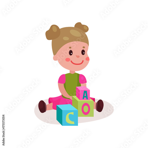 Cute little girl sitting on the floor playing with block toys  kid learning through fun and play colorful cartoon vector Illustration