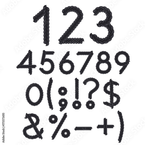 Numbers and signs of braids. Isolated vector objects on white background.