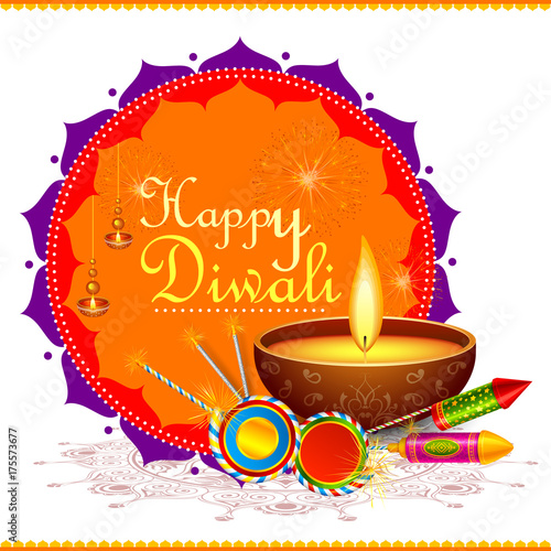 Colorful fire cracker with decorated diya for Happy Diwali festival holiday celebration of India greeting background