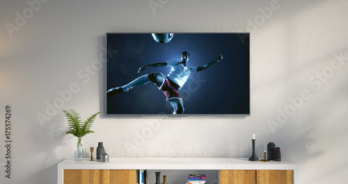 3D illustration of a living room led tv on white wall showing soccer game moment . photo