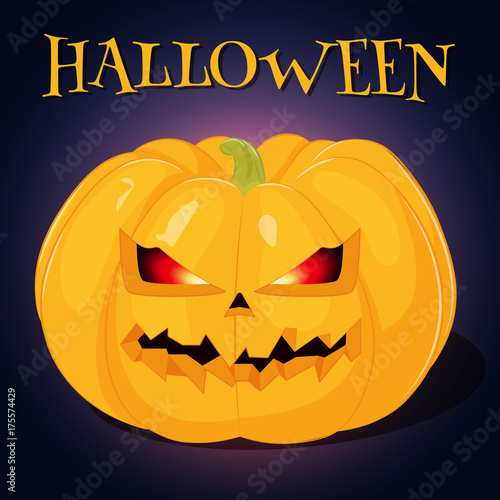 Background with terrible and spooky Jack o lantern for Halloween in cartoon style. Vector illustration. Holiday Collection.