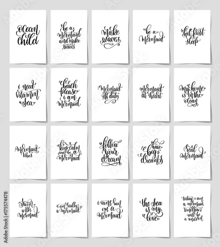 set of 20 black and white hand lettering magic quotes posters, inspirational positive phrase, calligraphy vector illustration collection