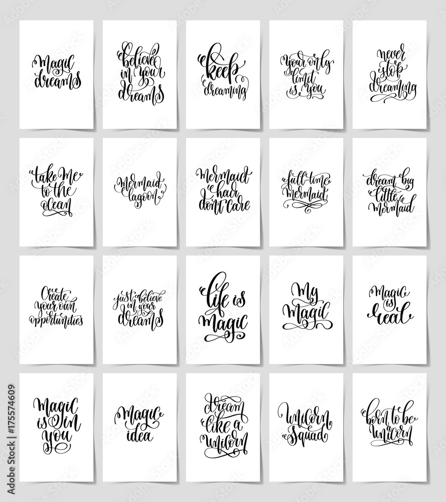 set of 20 black and white hand lettering magic quotes posters, inspirational positive phrase, calligraphy vector illustration collection