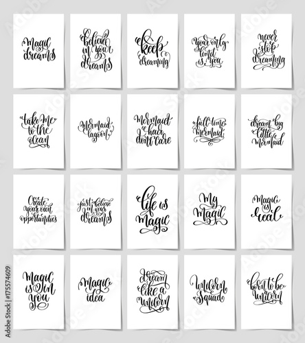 set of 20 black and white hand lettering magic quotes posters  inspirational positive phrase  calligraphy vector illustration collection