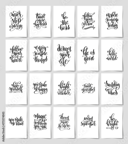 set of 20 black and white hand lettering magic quotes posters, inspirational positive phrase, calligraphy vector illustration collection