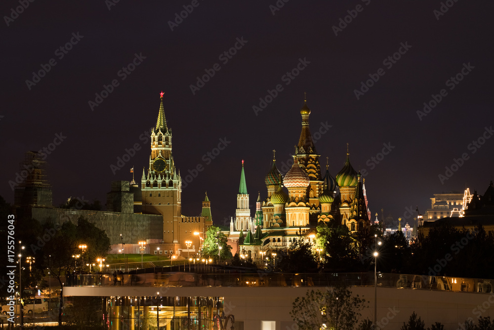 Beautiful View On At Night Moscow Kremlin And St. Basil's Cathedral Autumn Night.