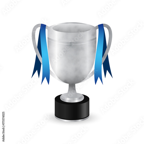 Silver sport trophy with blue ribbons. Vector design.