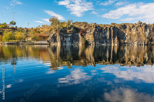 Adala Canyon in Autumn with fall leaves on the trees reflecting in a beautiful pond. Izmir Provnce, Turkey