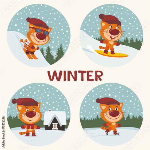 Winter. Collection of kitten cat on skis, skates, snowboard. Set of funny kitten cat is engaged in winter sports, stands near the house against the background of snowflakes.