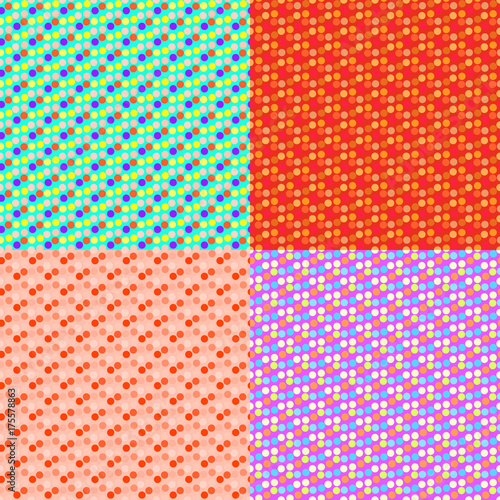 Set seamless color pattern with Polka, composed of shapes. Vector fashion background