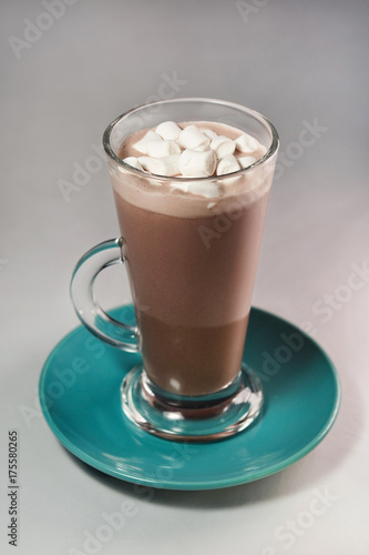 a delicious and hot cocoa drink with marshmallows in a large glass, a real autumn drink