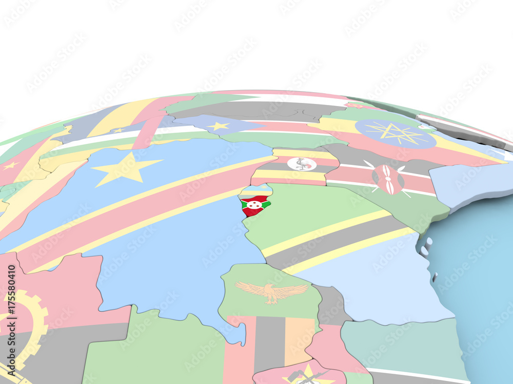 Flag of Burundi on bright globe Flag of Burundi on bright globe