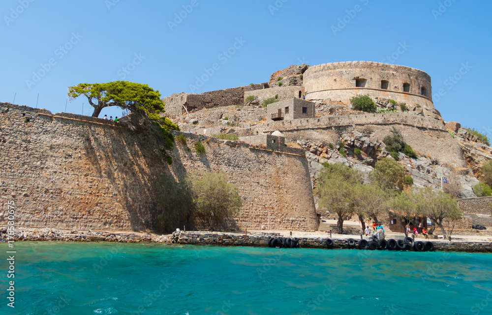 View of the island of Spinalonga (Kalydon) with the abandoned leper colony and the Venetian fortress from the sea