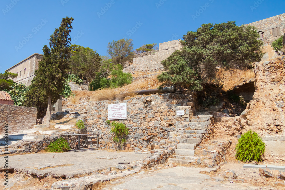 Ruins of the former leper colony. Island of Spinalonga (Kalydon), Crete, Greece