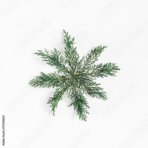 Christmas composition. Snowflake made of pine branches. Christmas, winter, new year concept. Flat lay, top view