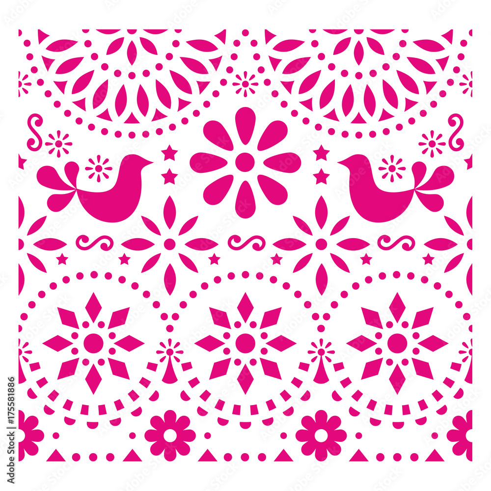 Mexican folk art vector pattern with birds and flowers, pink fiesta greeting card design inspired by traditional art form Mexico 
 