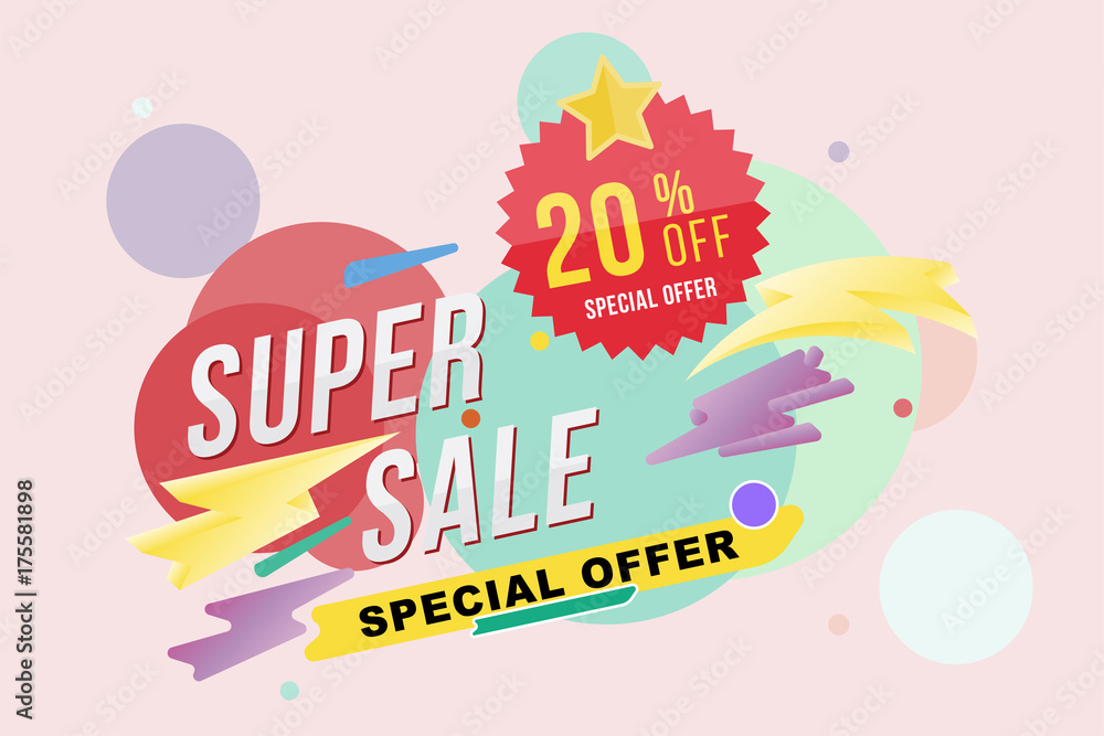 Super sale 20 percent discount poster and flyer. Template for design poster, flyer and banner on colour background. Flat vector illustration EPS 10