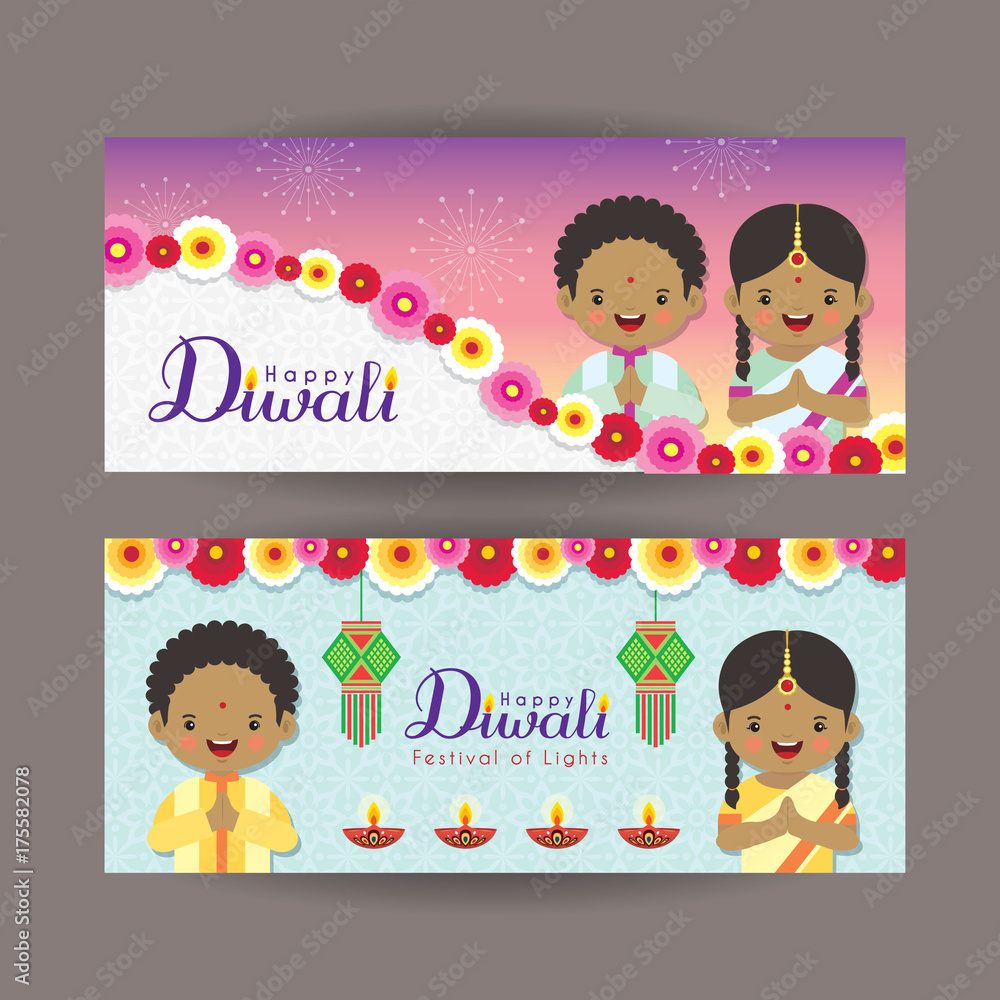 Diwali or Deepavali banner template  cartoon India kids, india  lantern and diya. Festival of Lights celebration vector illustration. Stock  Vector | Adobe Stock