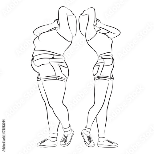 Vector conceptual fat overweight obese female vs slim fit healthy body after weight loss or diet with muscles thin young woman isolated. Fitness, nutrition or fatness obesity, health black brush shape