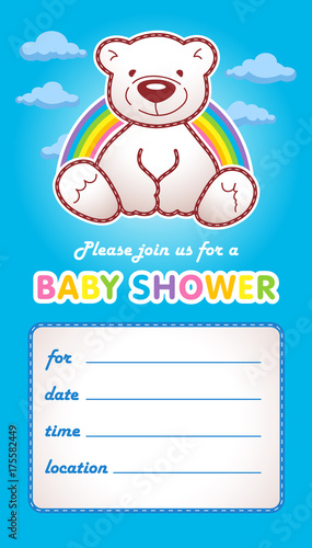 Baby shower invitation card template. Vector illustration. Family colored greetings for boy birth.