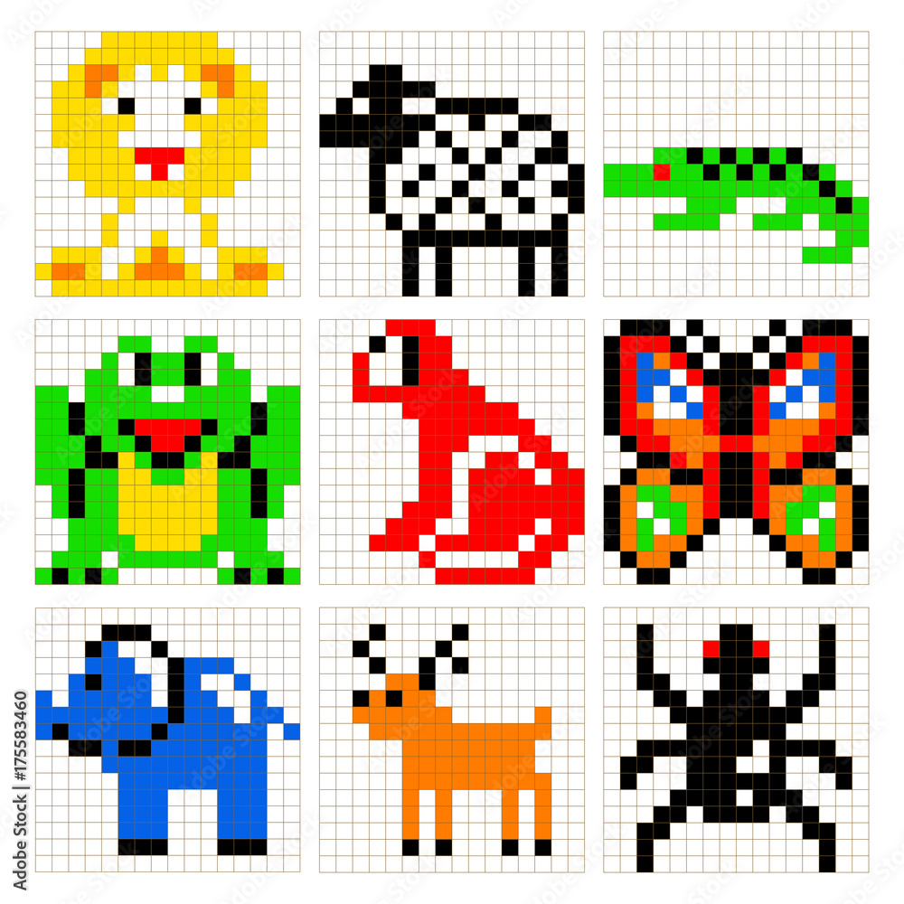 Pixel art animals vector set. Brick style zoo for kid building kit toys or embroidery scheme products. Pixel art animals vector set. Brick style zoo for kid building kit toys or embroidery scheme products.