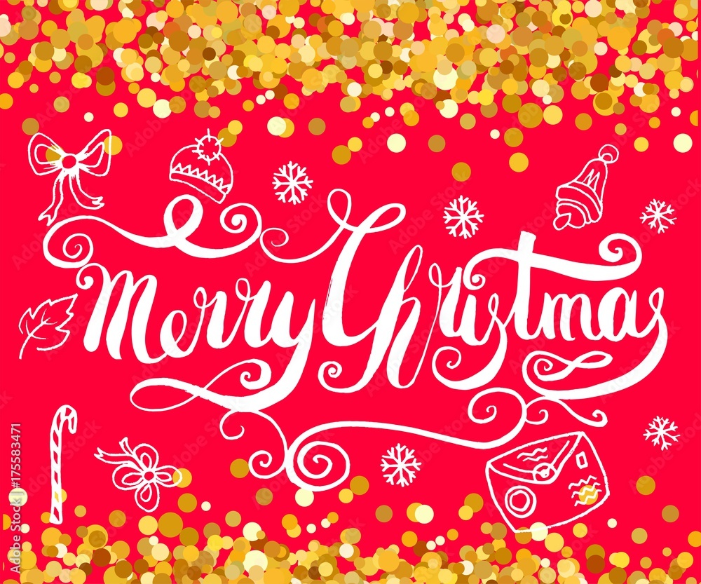 Fototapeta premium Red Christmas background with gold, filigree beautiful ornate snowflake and doodle elements. Merry christmas handcrafted lettering