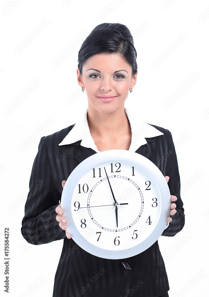 business concept.business woman holding a big clock. business concept.business woman holding a big clock.