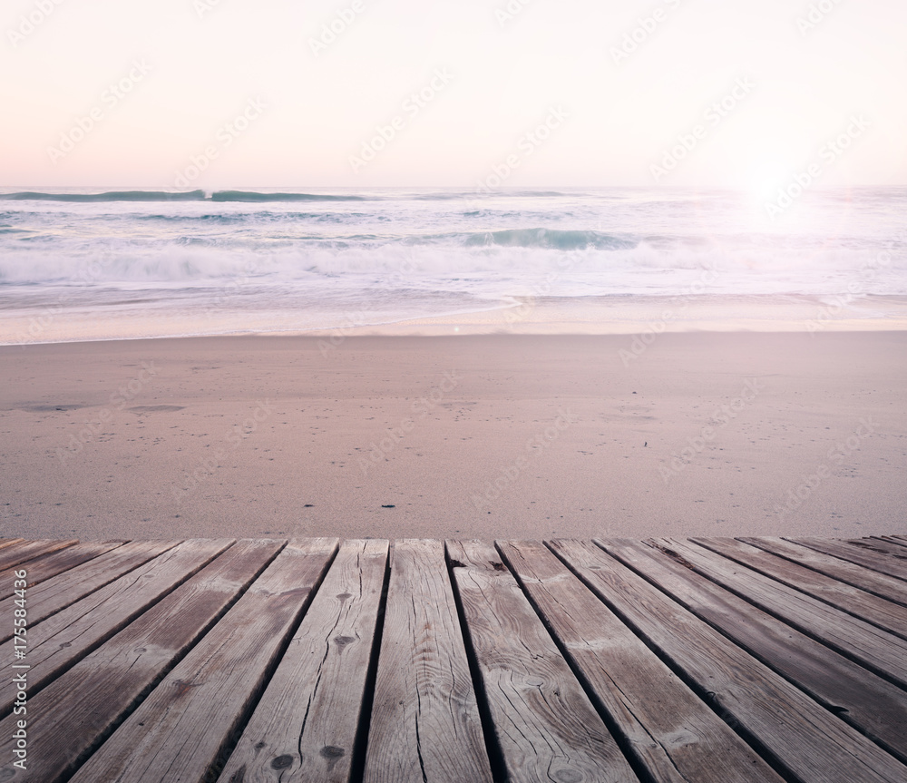 Fototapeta premium Seascape summer background of ocean beach sunset in bright color