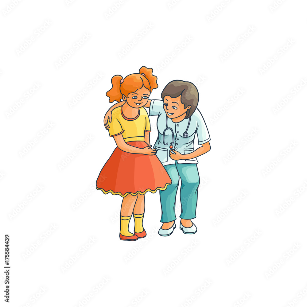 vector flat cartoon female doctor with stethoscope giving teen girl kid a lollipop candy. Woman pediatrician in medical clothing and child. Isolated illustration on a white background. vector flat cartoon female doctor with stethoscope giving teen girl kid a lollipop candy. Woman pediatrician in medical clothing and child. Isolated illustration on a white background.