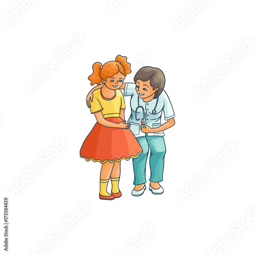 vector flat cartoon female doctor with stethoscope giving teen girl kid a lollipop candy. Woman pediatrician in medical clothing and child. Isolated illustration on a white background.