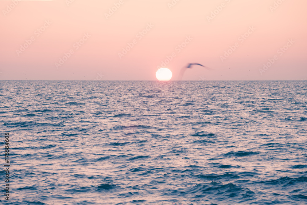 Sun rising over ocean horizon