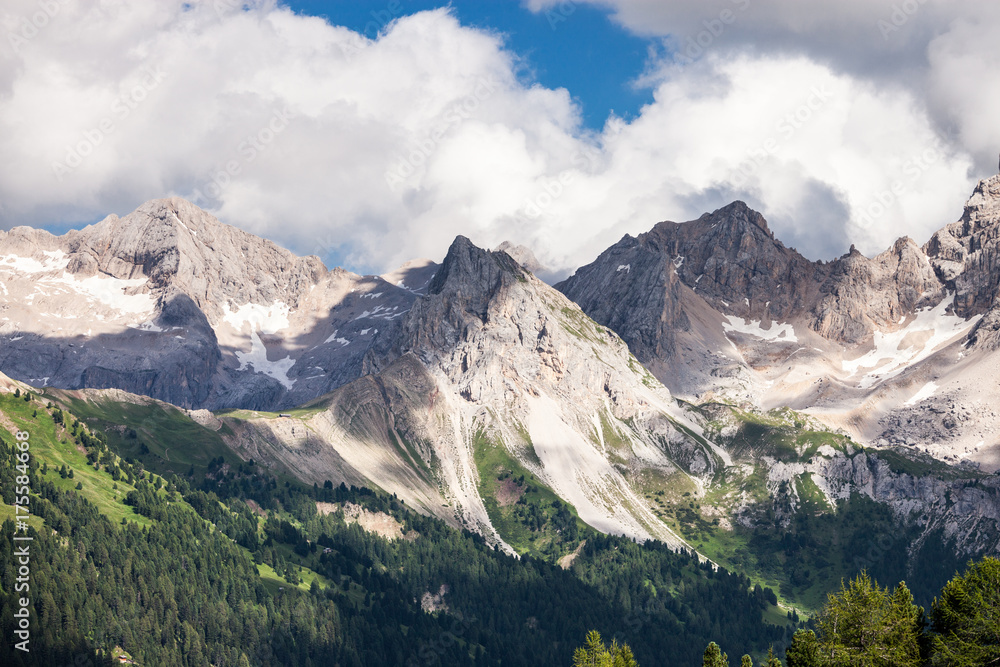 Dolomites Alps summer cloudy mountain valley